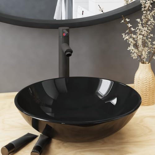 Genérico Lavabo de baño Grifo y desagüe de Empuje Vidrio Templado Negro,Bricolaje,Fontanería,Piezas para fontanería,Lavabos y fregaderos,Lavabos,Negro,3098452