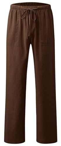 chickiddos Boys Linen Trousers - Elastic Waist Drawstring Straight Leg Trousers Slim Fit Casual Summer Holiday Beach Pants, Coffee, 130/7-8 Years
