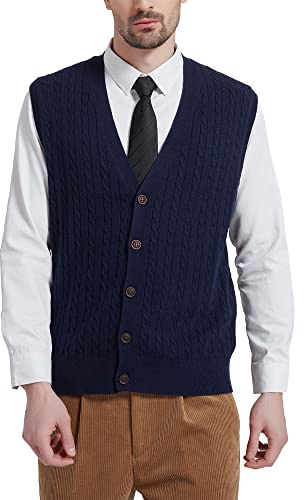 Kallspin Men’s Wool Blend Sweater Vest Cable-Knit Button Front Sleeveless Cardigan Smart Casual Jumper Knitwear(Navy Blue, 2XL)