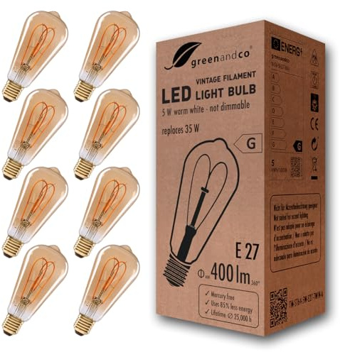 8x greenandco® LED vintage glödtråd glödlampa bärnsten ersätter 35W E27 ST64 5W 400lm 2000K (extra varm vit) 360° 230V glaslampa, inte dimbar