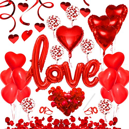 49pcs Ballon Coeur Rouge, Decoration Saint Valentin, Deco Romantique, Ballon Love XXL, Ballons Coeur, Pétales, Fixés pour Mariage Anniversaire et Fiançailles Décoration