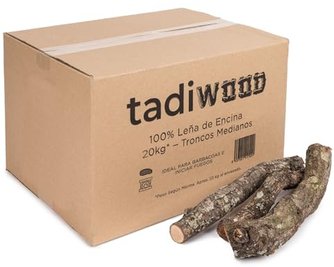 20kg de Encina. Troncos Medios ideales para Barbacoas y para fuegos en Chimeneas, Calderas y Estufas. Leña Seca y de Poda Controlada. Hecho en España.