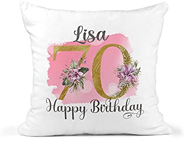 Personalised 70th Birthday Cushion - Custom Name - 70 Floral Happy Birthday Design