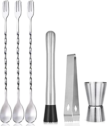 Professioneller Getränkemixer, Mixer-Stößel aus Edelstahl, Rührlöffel,Mixer-Toolkit zum Debuggen köstlicher Cocktails,Getränke und Säfte, 3 Stück Cocktaillöffel Barlöffel, Messbecher, Eine Eiszange