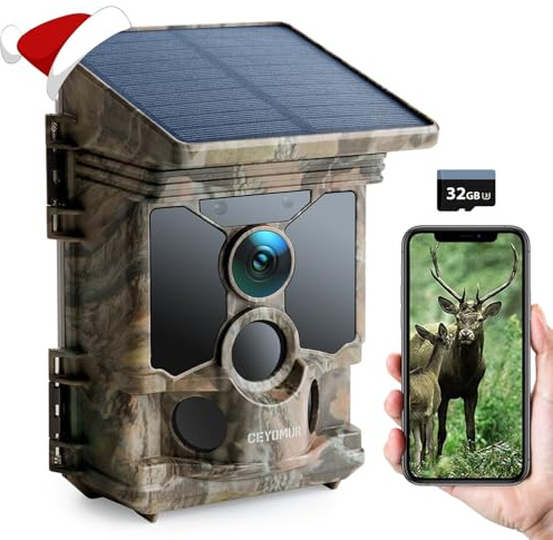CEYOMUR Caméra de Chasse Solaire 4K 68MP 30fps, WiFi Bluetooth Camera de Chasse avec 5200mAh Batterie Rechargeable Carte Micro SD U3 32GB Vision Nocturne HD 0,1 Activée par Mouvement IP66 Étanche