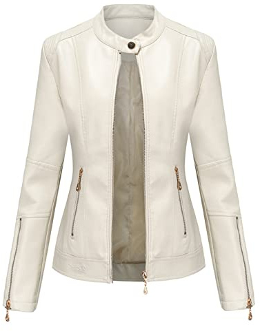 Veste en Cuir DéContractée pour Femme Manteau De Motard éLéGant à Col Montant Et Fermeture éClair Vestes Courtes Amincissantes LéGèRes (Blanche,XL)