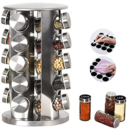 EBIZ&TECH 20-Jar Stainless Steel Rotating Spice Rack with Non-Slip Base - Kitchen Countertop Organizer for Easy Access and Storage of Spice (Sliver)