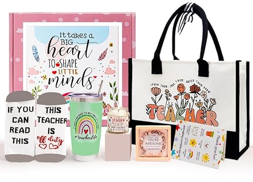 Jeroseko Teacher Appreciation Gift Sets,Teache Appreciation Gif Basket for Women, Back to School Git, Christmas Gif for Teache - Tumbler, Keychain,Teache Pouch Bag, Socks, Cards from Students… (Mint)