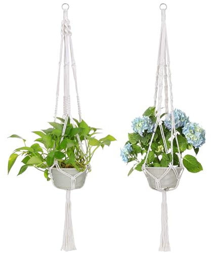 Yimomoyi 2er Set Makramee Blumenampel, Boho Deko Baumwollseil Hängeampel Blumentopf Pflanzen Halter Aufhänger für Innen Außen Decken Balkone Wanddekoration (Beige, 105cm)