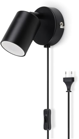 da LIGHT LED Nachttischlampe mit Stecker 1-flammig, Schwenkbar Wandstrahler Spotleuchte Wandspot, GU10 (ohne Leuchenmittel) Retro/Vintage 230V Leselampe für Wohnzimmer Schlafzimmer Küchen (Schwarz)