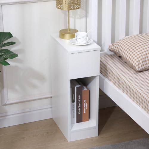 Pantanal 20CM Slim Bedside Table Cabinet White with Drawer Shelf, Small Narrow Wood Bed Side Table End Table Nightstand for Bedroom Living Room