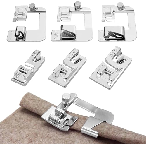 Baxcdyswe 6 Stück Nähfuß Edelstahl, Multifunktions Nähfüße, Rollsaumfuss für Nähmaschine, Rollsaumfuß, Nähmaschinen Zubehör für Brother Singer, W6, Elina, Janome(3/4/6 mm, 4/8,6/8,8/8 Zoll)