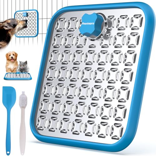 Stainless Steel Large Lick Mat for Dogs: Dog Lick Mats for Large Dogs, Cat Licking Pads for Crate Boredom & Anxiety Reduce, Slow Feeding, Cat Slow Feeder Mat with a Spatula, Scrubbing Brush, Blue