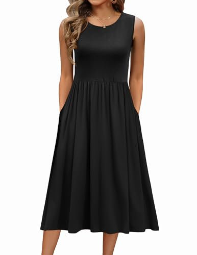 Zeagoo Damen Kleider Sommer Lässig Tank Kleid Rundhals Freizeitkleider Ärmelloses A-Linie Strandkleid Elegant Midikleider mit Taschen Schwarz M