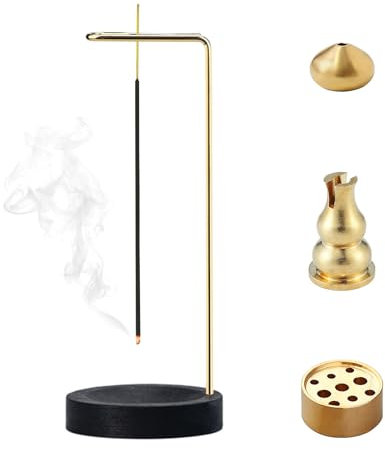 WestCH 4-in-1 Räucherstäbchenhalter,Räucherstäbchen Halter Holz Basis Räucherstäbchen Halterung mit Gold Kegel Spule 9 Loch Incense Holder Räuchergefäß für Yoga Meditation Räucherkegel (Schwarz)