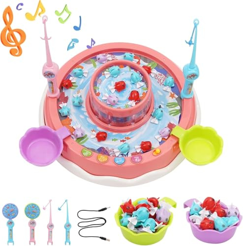 Siairo Juegos de pesca eléctricos, juego de pesca de doble capa, 20 peces, juego de juguetes de pesca magnéticos para niños, regalo para niños y niñas (Rosa)