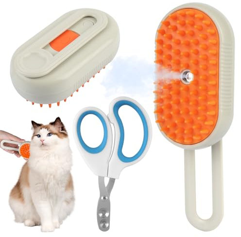 Katzenbürste mit Dampf, 3-in-1 Dampfbürste Katze, Khaki Steamy Brush Katze, Multifunktionale Cat Brush mit 1 Katzen-Nagelknipser-Zange für Katzen und Hunde Massieren, Baden, Entschuppen