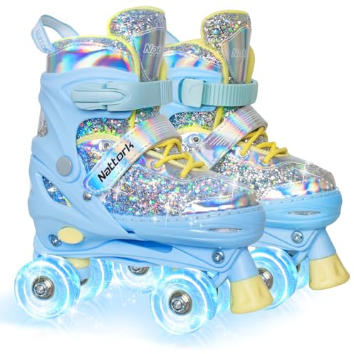 Nattork Kids Roller Skates for Girls Boys Kids, 4 Sizes Adjustable Girls Roller Skates for Ages 3-12 with Light up Wheels & Safety Protection - Cool Birthday Gift for Indoor Outdoor Sports