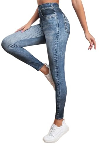 Gellmall Leggings para mujer con aspecto vaquero, cintura alta, elásticos, pantalones largos y ajustados, pantalones de yoga, pantalones de fitness, S-2XL, azul, L