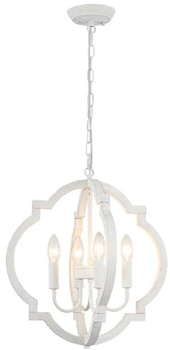 WTUOING White Chandelier, 4 Lights Vintage Small Chandeliers Ceiling Lights Living Room Bedroom Kitchen Hallway, Farmhouse Shabby Pendant Light Fitting for Dining Room, Lounge, Height Adjustable, E14
