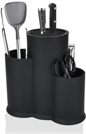 LIUCONGBD 3 in 1 Knife Block Without Knives, Universal Round Knife Utensil Holder with Slots, Black Space Saving Knife Storage Suitable for All Kitchen Accessories on The Countertop
