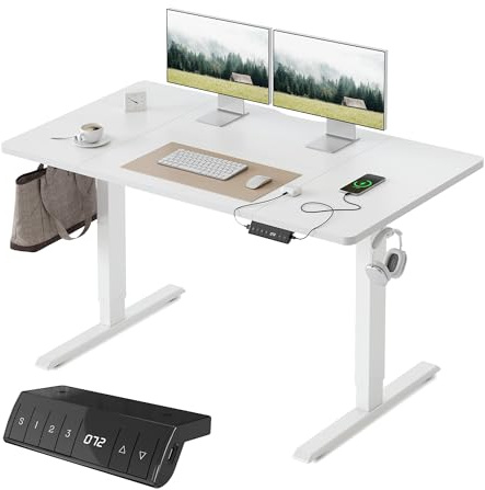 FEZIBO Höhenverstellbarer Schreibtisch mit USB-A und USB-C-Ladeanschlüssen, 140 x 70 cm Schreibtisch Höhenverstellbar Elektrisch, Ergonomischer Steh-Sitz Tisch für Heimbüro, Standing Desk, Weiß