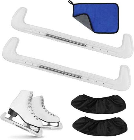 Protege Lame Patin A Glace (Blanco), 1 Paires De Protège Ajustables Con Funda Protectora, Incluye Protege Lame De Qualité Elásticos Y Toalla, Apto Para Adultos, Patinaje Artístico Y Hockey Sobre Hielo