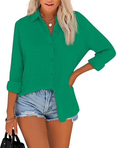 NONSAR Damblus, elegant krage, topp, skjortblus, bomull, långärmad skjorta, kvinnor, lediga lösa blusar, toppar, Grön, M