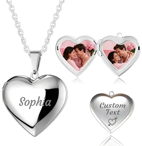 Jumaple Personalised Heart Locket Necklace Personalised Photo Necklace for Women Custom Necklace with Photo Inside Customised Valentines Day Gifts for Wife Mom Girl (Silver-A1)