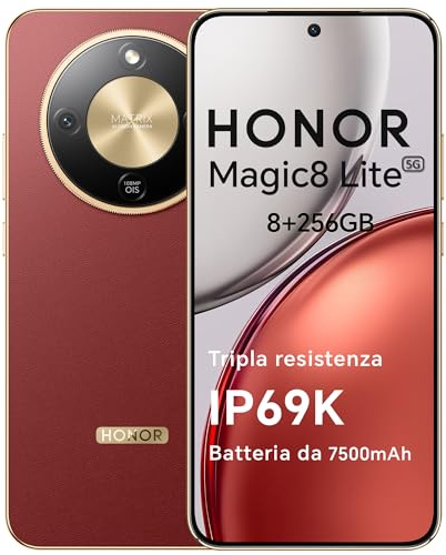 HONOR Magic8 Lite Smartphone 5G, 8+256GB, Tripla Resistenza-IP69K, 7500 mAh, Fotocamera AI 108 MP con OIS, Display AMOLED da 6.79 Pollici Cellulari, AI Intelligente, Dual SIM, NFC, Reddish Brown