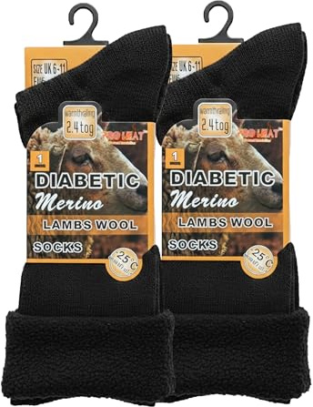J&A MARTS 2 Pairs Men’s Diabetic Merino Wool Socks –2.4 TOG Thermal Loose Top Non-Elastic Winter Boot Socks for Swollen Feet | UK 6-11 (Black) (Men’s Diabetic Merino 2 Pairs)