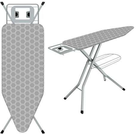 TEENO Klappbares Bügelbrett 120 x 45 cm,Kompatibel Mit Dampfbügeleisen,Sicherheitsschließsystem,7-Stufige Höhenverstellung,100% Baumwoll-Bügelauflage,Geeignet Für Zu Hause/Waschküche（Wabengrau）