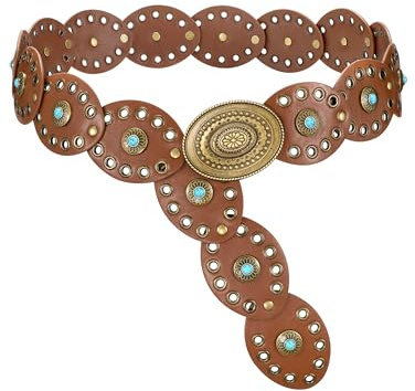 WERFORU Western Concho bälte damer brett midjebälte med turkos | Dekorerad i boho-look, av högkvalitativt PU-läder, perfekt för festival, countrykläder och dagliga kombinationer