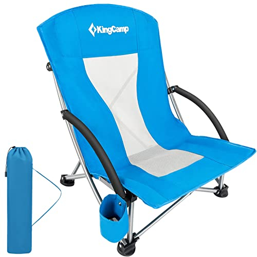 KingCamp Niedriger Strandstuhl, faltbar, tragbar, leicht, Rucksackstuhl für Erwachsene, mit Getränkehalter, Tasche, Tragetasche für Outdoor, Camping, Konzert, Festival, Reisen, Sport, Rasensand, Blau