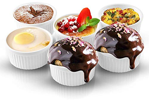 Lot de 6 ramequins à soufflé en porcelaine, passent au four, pour sauces, soupe à l'oignon, gâteau de lave, flan, crème brûlée, pudding, blanc