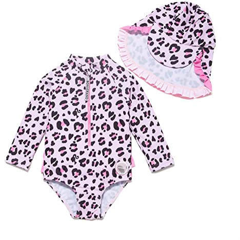 BONVERANO Traje de baño de una Pieza para niña, Mangas largas, protección UV 50+ con Gorra(Rosa-Rosa,12-18meses…