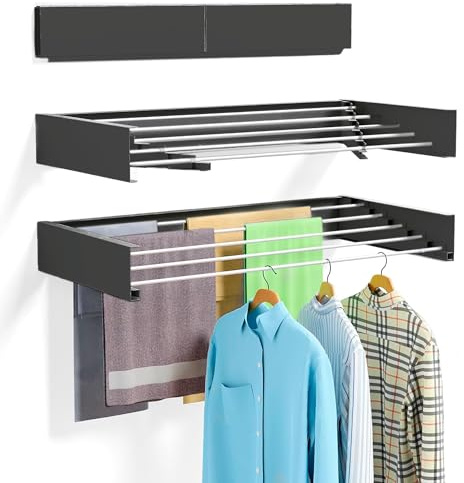 JUPPLIES Tendedero Pared Plegable Retractil 80cm - Tendederos Plegables de Pared para Interior o Exterior - Ahorra de Espacio con Diseño Compacto de 30 kg de Capacidad - (80cm, Negro)
