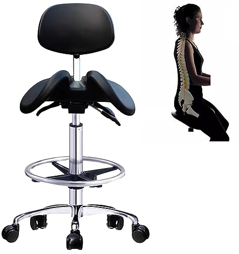 TUJOBA Sattelhocker Schönheitssattel Ergonomischer Stuhl Split Sitzstil, Rückenlehne Schwenkstuhl Mit Zwei Neigungsoptionen, Foottrest Verstellbare Hydraulikhocker Metallbasis