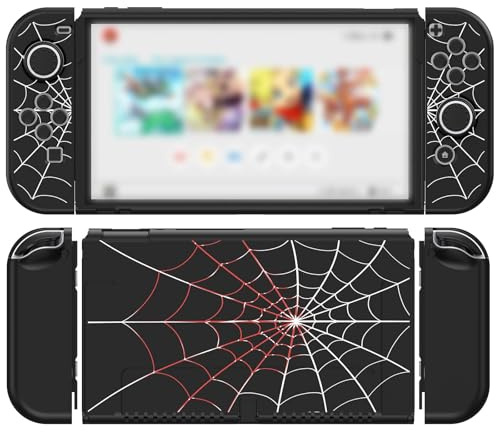 JINGDU Coque compatible avec Nintendo Switch OLED 2021, étui en TPU pour console Switch et Grip Joy-Con, protecteur de commutateur avec 4 poignées de pouce, toile d'araignée noire