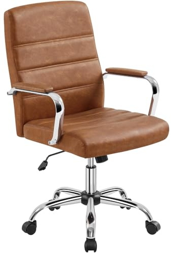 Yaheetech Silla Giratoria de Oficina Sillón de Trabajo con Respaldo Tapizado Asiento PU Sintético Altura Ajustable Marrón