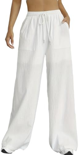 Nuofengkudu Sommer Weite Hose Damen Sommerhose Leichte Taschen Kordelzug Gummizug Lockere Elegant Lang Yogahose High Waist Freizeithose Bequeme Luftig Bootcut Schlupfhose Palazzo Relaxhose Weiß M