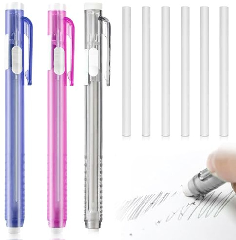 Stylo lot de 3 gommes rétractables + 6 gommes rechargeables