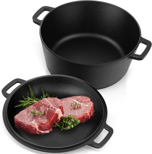 NSIRONS 26cm Gusseisen Topf Brot Backen, Brotbackform mit Deckel, 2 in 1 Gusseisen Topf mit Deckel, Schmortopf, Bratentopf, Bräter Brotbacktopf zum Kochen, Braten, Schmoren, Gasgrill (Schwarz)