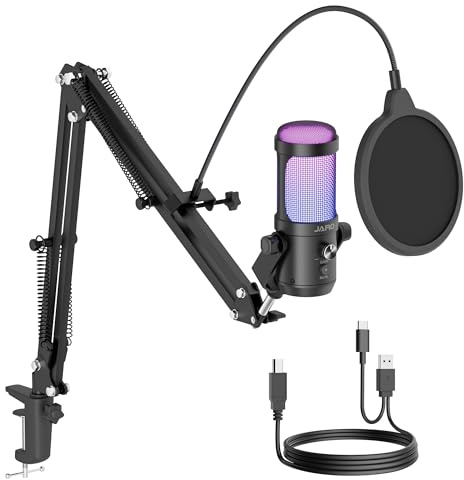 JARO USB 192 kHz/24 bit kardioid kondensatormikrofon med bomarm popfilter tyst brusreducering RGB för spel podcast streaming Youtube zoominspelning [Kompatibel med PC bärbar dator Mac PS4/5], J100-CB