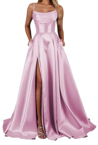 YIANN Vestiti da ballo da donna con spalline sottili in raso con spacco e corsetto, abito da sera lungo formale, Rosa cipria, 40