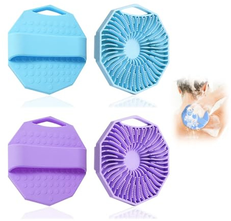 2Pack Silicone Shower Scrubber for Men Women - Body Back Loofah Scrubber Set, Antimicrobial Exfoliating Handheld Brushes with Skin Cleansing Massager Gentle for All Skin Type (Blue & Purple