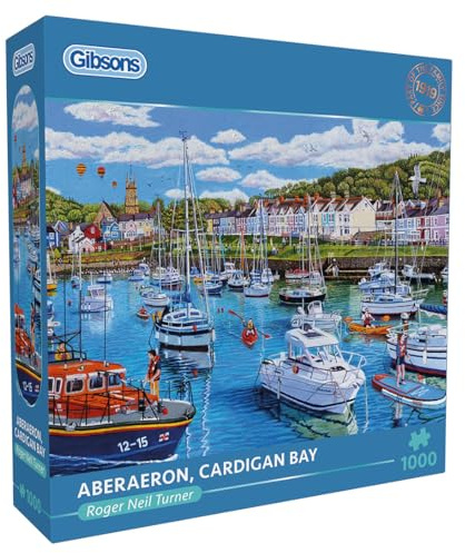 Gibsons Aberaeron Cardigan Bay 1000 Piece Jigsaw Puzzle for Adults - Boats & Wales Landscape Artwork by Roger Neil Turner - Premium Sustainable Puzzle Made in the UK/EU - Great Gift