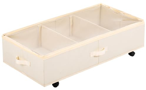 woodluv Underbed Storage Basket on Wheels, Foldable Underbed Storage Box, Rolling Underbed Storage Organizer with Zipped Lid for Clothes, Shoes, Bedding, Space-Saving, Beige