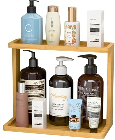 PEKER Bamboo Bathroom Organizer Countertop – Small Vanity Storage Shelf for Makeup, Perfume, Skincare – Natural Cosmetics Display Rack for Dresser, Sink, Kitchen – Natural