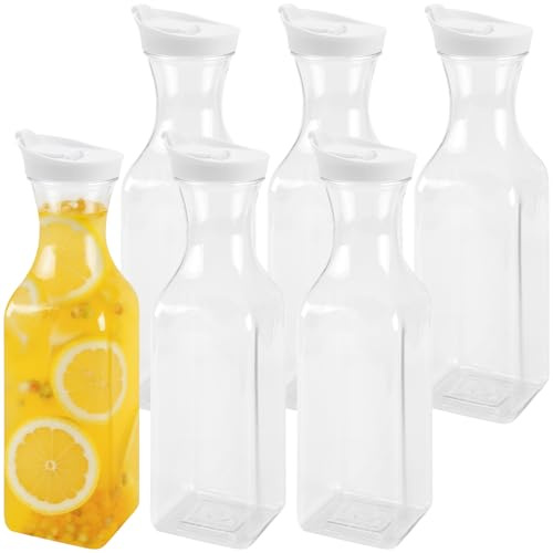 6-Pack 1.5L Square Narrow-Neck Plastic Carafes Pitcher with Leak-Proof Lid, Fridge Safe for Powdered Drinks, Iced Tea & Sangria, 50 oz